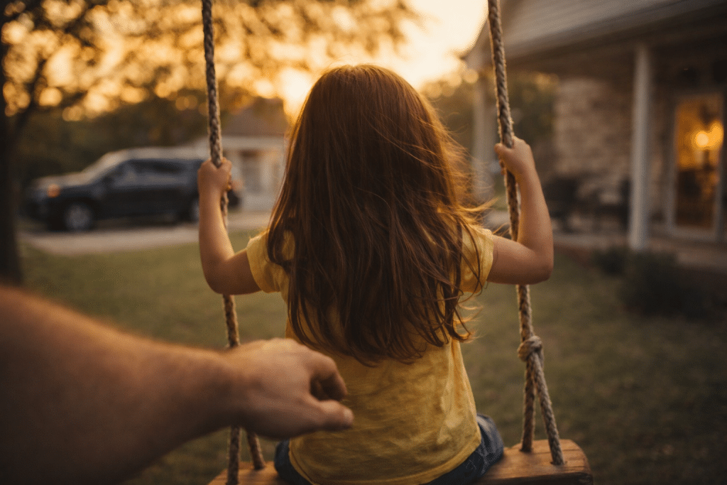 Texas life insurance protection concept featuring father pushing daughter on swing at golden hour