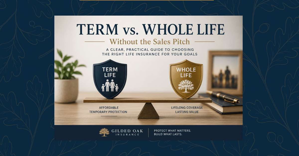 Term vs whole life insurance comparison graphic showing balanced protection planning between temporary term coverage and permanent whole life coverage for long-term financial stability.