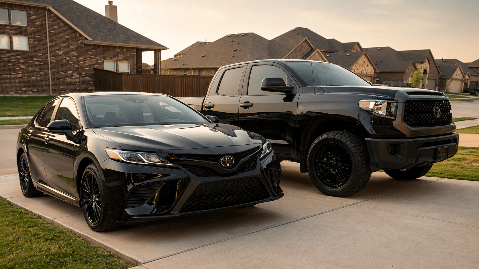 A black Toyota Camry and a black Toyota Tundra parked together in a driveway in a North Texas neighborhood
