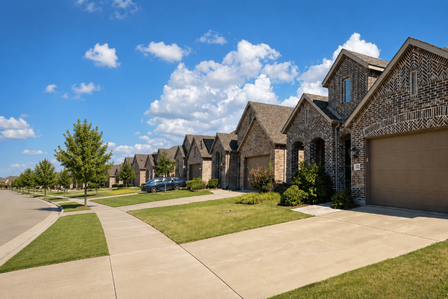 A Texas neighborhood street with homes, driveways, and front lawns
