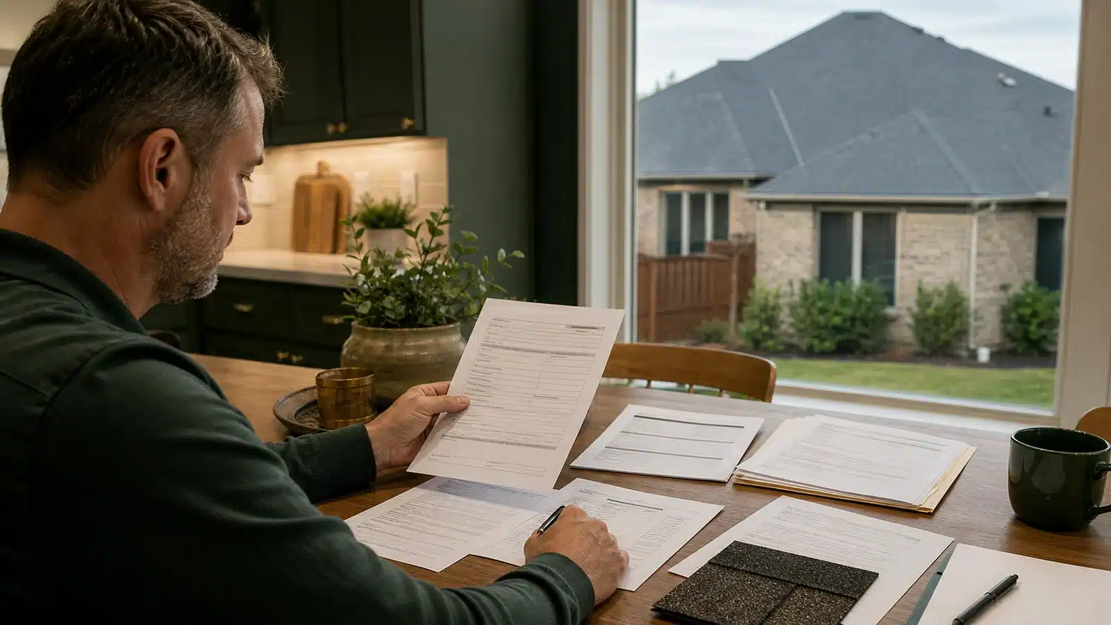 North DFW homeowner reviewing roof replacement documents and home insurance coverage.